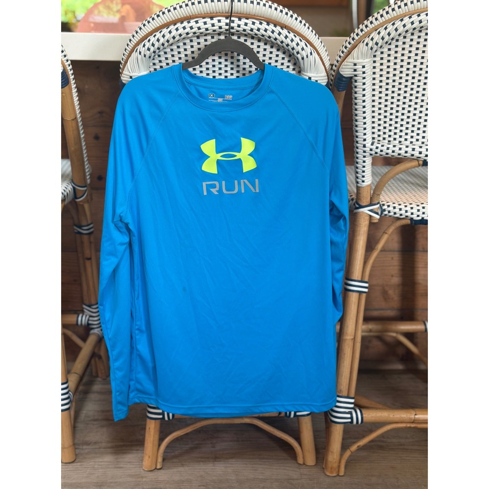 Under Armour HeatGear Run Long Sleeve Shirt Mens Large Blue Neon Yellow Logo